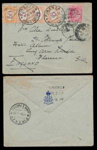 1910 cover tied by KED VII 1a carmine, used from Akyab Burma to London redirected to Italy