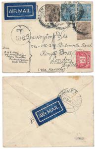 1932 Airmail cover to UK with 1d Postage Due stamp & ”T/10C”, ”1D/F.B.” strikes. Fine.
