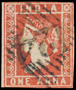 India used in Aden, QV 1a lithograph, red with clear margin on 3 sides with ”124”, type 4,
