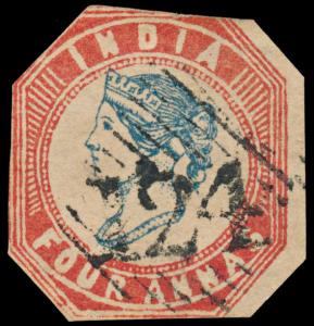 India used in Aden QV 4a lithograph, cut to shape with clear margins on right side with ty