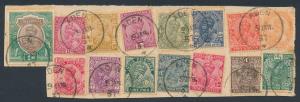 1937 India used in Aden, KG V 15 values to 1r on piece all tied by ”ADEN/9 Jan./37” single