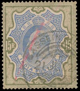 1909 India used in Burma, KED VII 15R, SG146, with ”BASSEIN” Burma cancellation, red crayo