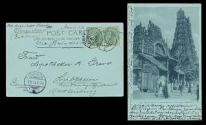 1908 India used in Danish Settlement, 1903 QV 2x½a on picture postcard tied by “TRANQUEBAR
