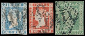 India used in French India, QV ½a, 1a & 2as lithographs, cut to shape, with ”C/111” Pondic