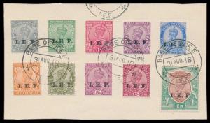 1916 KG V 3p to 1r ovpt. “I.E.F.”, complete set of 10, on card with “BASE OFFICE E/31 AUG.