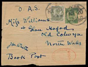 1917 UK 1/2d postal stationery + India KG V 4a I.E.F. tied by “F.P.O. No. 20” (Palestine) 