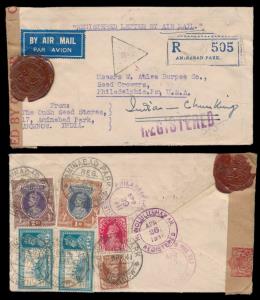 1941 Censored registered airmail from Lucknow to USA India Rare POSTAL CENSOR seal on 1941