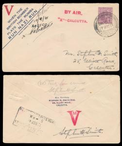 1941 Dum-Dum to Calcutta Victory Airmail cover inscribed ”RUN NAZI RUN” signed by Stephen 