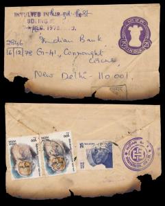 1978 Crash cover, 20p PS local envelope, registered from Hyderabad to New Delhi with addit