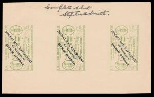 1935 Special Rocket Stamp 2Rs in green, complete sheet of 3, sighed by Stephen Smith. Fine