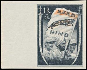 1943 Azad Hind 1r black and orange. Fine.