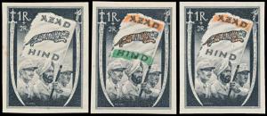 1943 Azad Hind 1r black and orange, black orange and emerald green, black, set of 3. Fine.