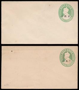 1915-16, KG V ½a green PS envelopes on white laid paper, ovpt. “C.E.F.” and “I.E.F.” respe