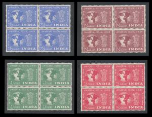 1949 U.P.U. set, SG325-28, blks/4, white gum upper two stamps of each block MLH. rest MNH.