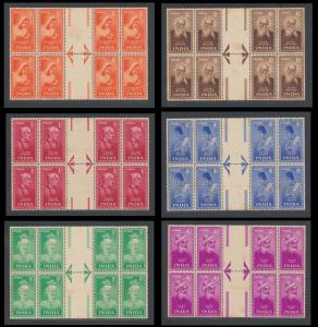 1952 Saints and Poet set, 9p to 12a, SG337-42, blks/8 with gutter margin in between, toned