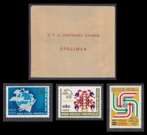 1974 Centenary of UPU, SG740-42, specimen set, value obliterated by black bars. Fine, Scar