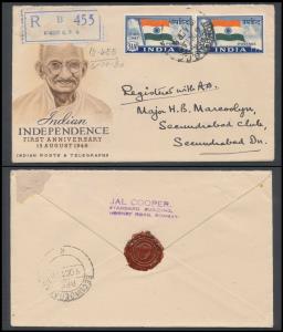 1947 Independence Jai Hind, 3 ½a, SG302, pair used on registered cover, dated 6 Oct. 1950 