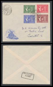 1949 U.P.U. set, SG325-28, addressed FDC from Calcutta with delivery CDS on reverse. Fine.