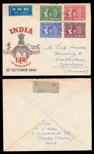 1949 UPU set, SG325-28, on private registered air mail FDC to Copenhagen (Denmark), depict