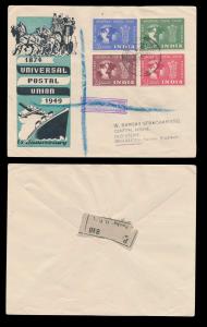 1949 UPU set, SG325-28, on private air mail FDC to UK, depicting pictures of Horse Chariot