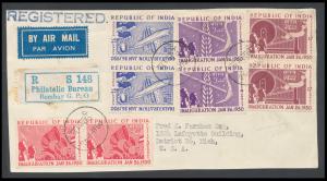 1950 Republic set of 4 in pairs, SG329-32, registered cover from Philatelic Bureau Bombay 