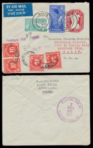 1952 2a PS local envelope uprated with 12as to USA with USA Postage Due stamps totalling t