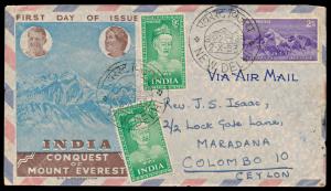 1953 Conquest of Everest 2a, SG344, private air mail FDC to Colombo, depicting Himalayan m