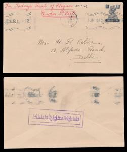 1949 Cover bearing KG VI 8a with “SABKO SANMATI DE BHAGAWAN” wavy Hindi cancelation strike