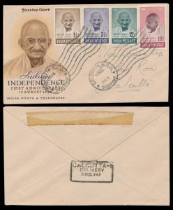1948 M. Gandhi set of 4, SG305-08, official addressed FDC with wavy cancellation from Calc