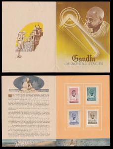 1948 M. Gandhi folder, set of 4, SG305-08, partially pasted on memorial folder. Fine.