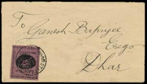 Dhar: A local cover bearing ½ anna black on magenta (SG4) tied by Dhar State postmark and 