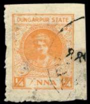 Dungarpur: 1939 ¼ anna orange stamp with the portrait of Maharawal Lakshman Singh SG9 in f