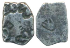 Punch Marked, Pandyas, Silver Karshapan, 1.25g, five symbols type, sun, six armed, tree et