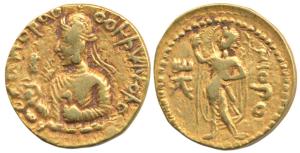 Kushanas, Huvishka, Gold Dinar, 7.6g, obv. nimbate, diademed and crowned half-length bust 