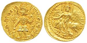 Kushanas, Vasudeva (c. 192-225 AD), Gold Dinar, 8.01g, obv. king nimbate standing left, ho