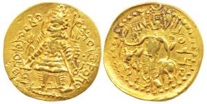 Kushanas, Vasudeva, Gold Dinar, 8g, obv. king nimbate standing left, holding a trident to 