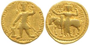 Kushanas, Vasudeva, Gold Dinar, 7.77g, obv. king nimbate standing left, holding a trident 