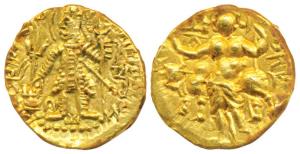 Kushanas, Vasudeva II (c. 290-310 AD), Gold ¼ Dinar, 1.97g, obv. king nimbate, standing fa