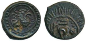Vishnukundin, Copper base alloy Unit, 1.42g, lion to right with a srivatsa above on obv., 