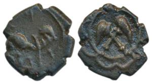 Pallavas of Kanchi (5th century AD), Potin Unit, 2.53g, bull waking to right on obv., cros