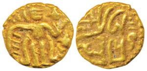 Imperial Cholas, Raja Raja I (AD 985-1014), Gold 1/8 Kahavanu, 0.68g, obv. king standing f