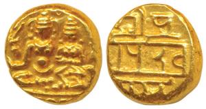 Vijayanagar, Devaraya I (c.1406-1422 AD), Gold Pagoda, 3.43g, Shiva-Parvati seated, Siva h