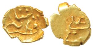 Muhammad Quli Qutb Shah (AH 988-1020, 1580-1611 AD), Gold Fanam, 0.38g, Qutb shahi on obv.