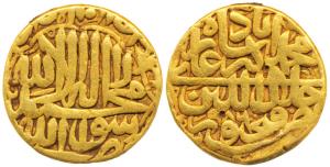 Akbar, Gold Mohur, 10.51g, Fathpur Mint, Kalima on obv., AH 986, mint name in the central 