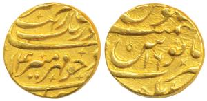 Aurangzeb, Gold Mohur, 11g, Kabul Mint, RY 14, without mint epithet (KM 315.24). About Ext