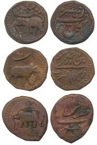 Tipu Sultan (AH 1197-1227, 1787-1799 AD), Copper Paisa, Patan Mint (2); Farrukhi Mint, all