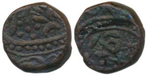 Sheo Singh, Copper ¼ Anna, 10.61g, Sirohi Mint, dagger on obv., VS 1910 (1853 AD) (KM 11).