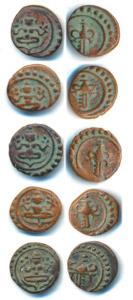 Rama Varma III (ME 1004-1022, 1829-1847 AD), Copper Cash (5), a seated deity on obv. (KM 1