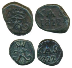 Tranquebar, Frederik VI (1808 —1839 AD), Copper 4 Cash, 2.61g; 10 Cash, 5.57g, 1822, obv. 