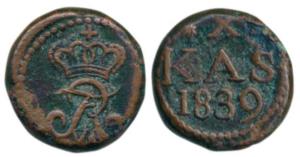 Tranquebar, Fredrick VI, Copper 10 Cash, 6.08g, 1839, obv. crowned FR Monogram with VI bet